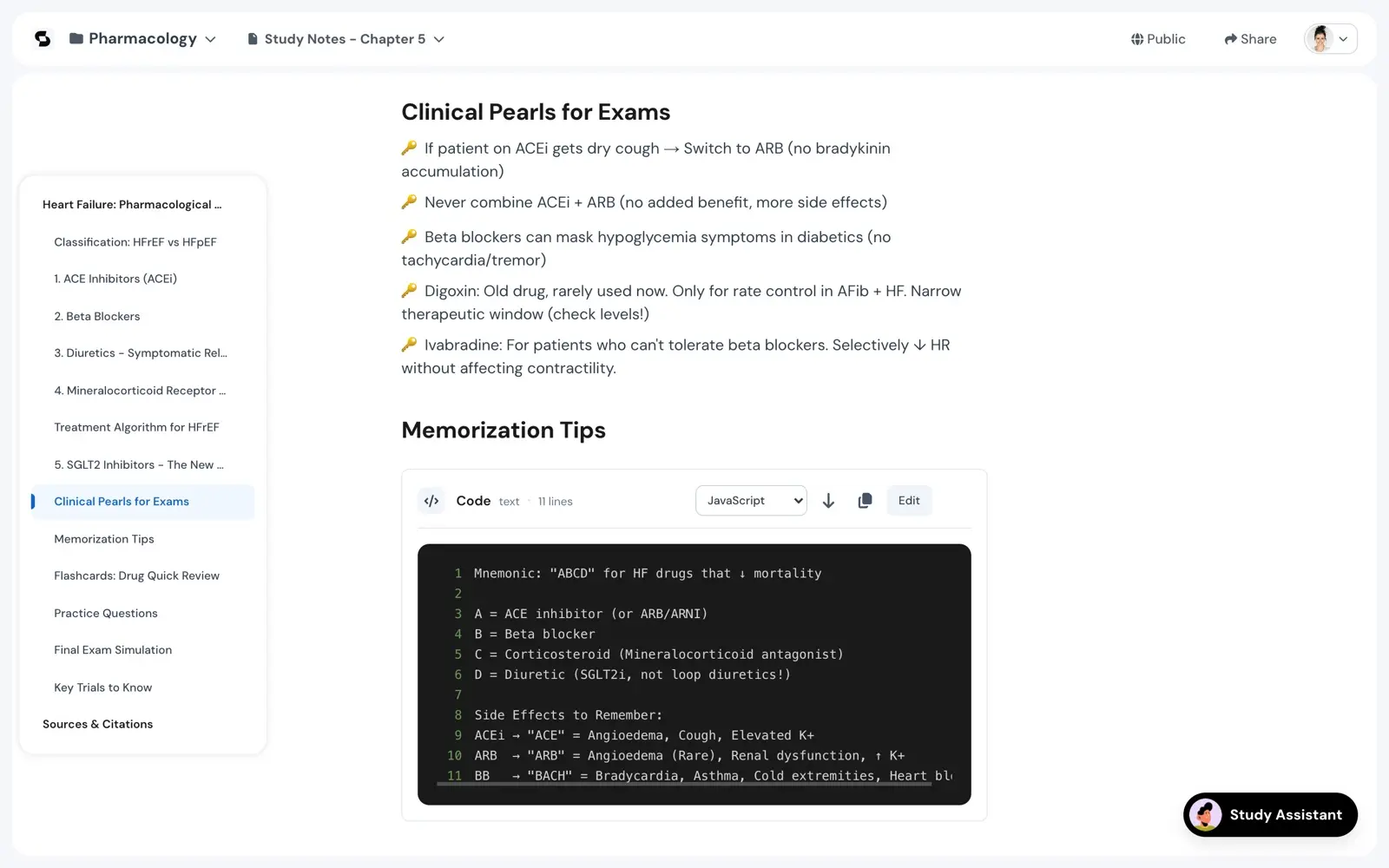 The master document. A contents list down the left runs from Classification through Clinical Pearls, Flashcards, Practice Questions and Final Exam Simulation to Sources and Citations, and the body holds a section of exam pearls above a syntax highlighted code block carrying a mnemonic. All of it is one page rather than separate artifacts.