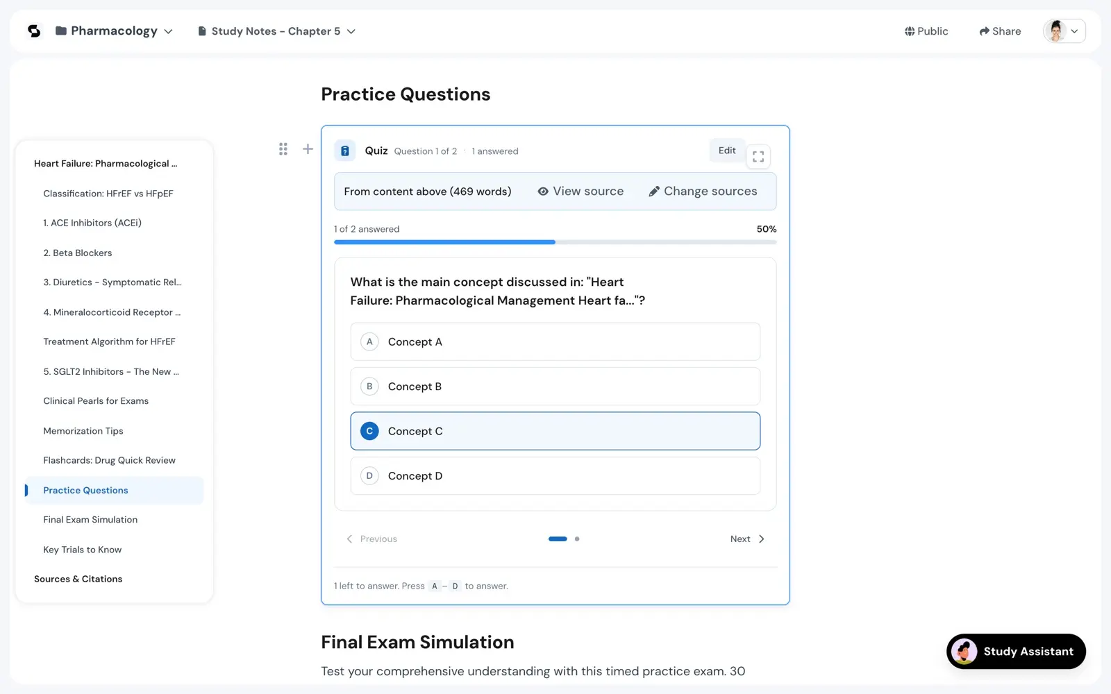 A quiz sitting inline under the Practice Questions heading, built from the content above it. A header strip reads From content above, 469 words, beside View source and Change sources. One of two questions is answered, a progress bar reads fifty percent, and four options are listed with the third selected.