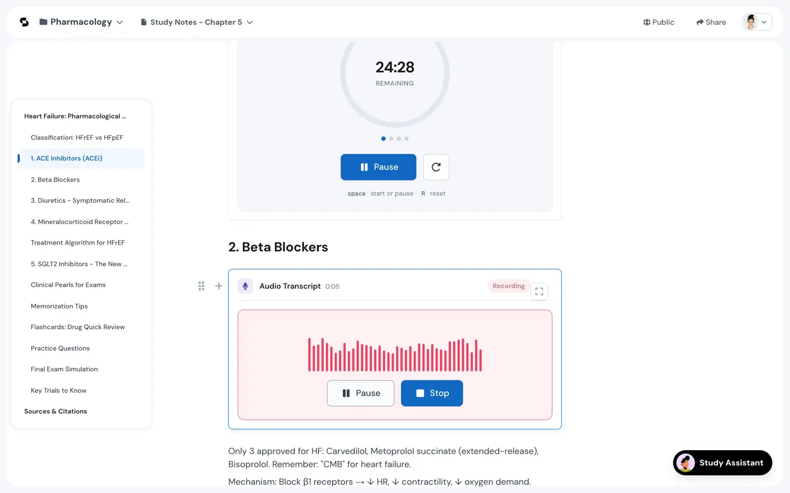 Two more blocks in the same document. A countdown reads twenty four minutes remaining above pause and reset controls with keyboard hints, and under the Beta Blockers heading an audio transcript block is recording, showing a red waveform with pause and stop beneath it.
