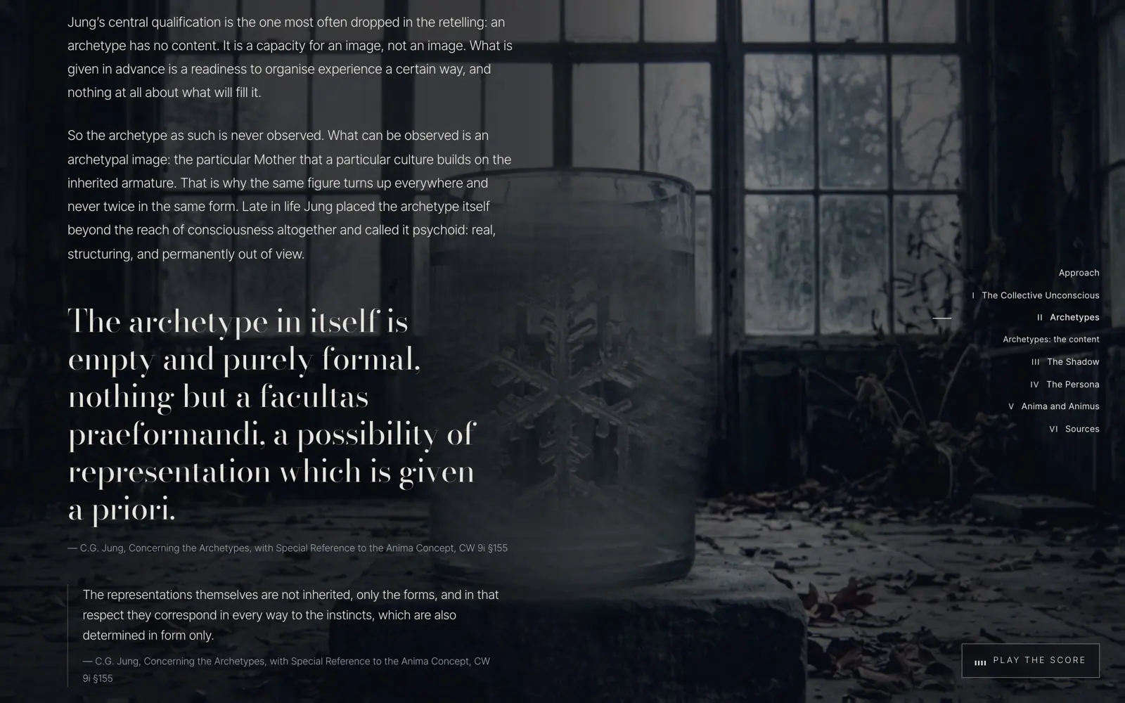 Section two, Archetypes. A glass tumbler with a snowflake etched into it stands on a stone block in a derelict conservatory, tall windows behind it. The text sets out that an archetype has no content and is a capacity for an image, and the pull quote below carries its volume and paragraph number, CW 9i 155.