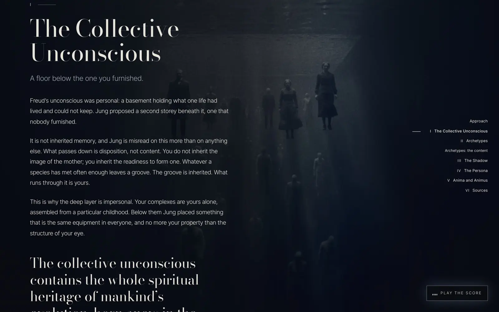 Section one, The Collective Unconscious, under the standfirst A floor below the one you furnished. Faint human figures stand in dark water receding into the distance, lit from somewhere above. The body text argues that what passes down is disposition rather than content: you do not inherit the image of the mother, you inherit the readiness to form one.