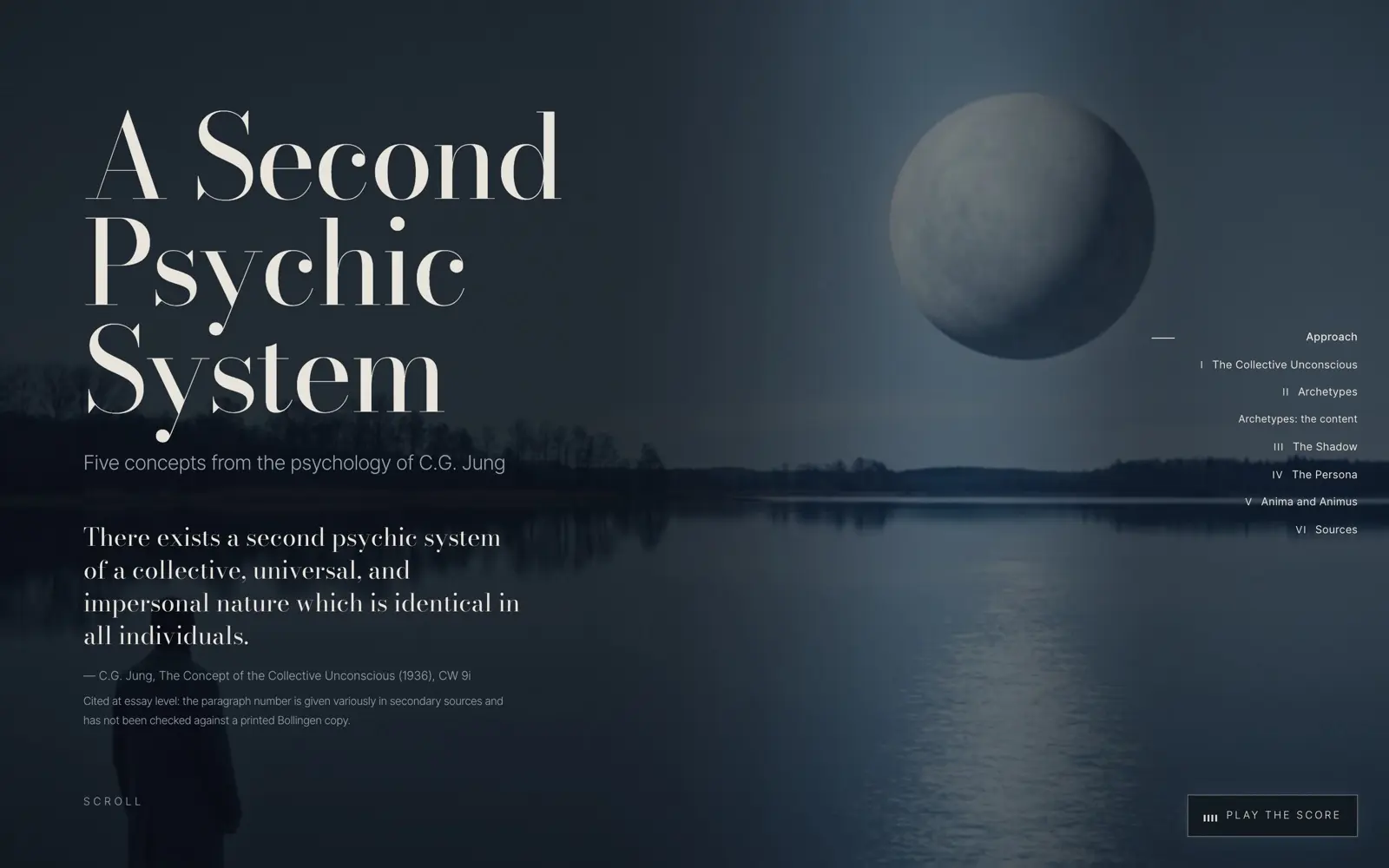 The opening screen. A pale moon hangs over a still lake at dusk with a small figure on the near shore, and the title A Second Psychic System is set across it in a high-contrast serif. A six-part index runs down the right edge, Approach through Sources, and a Play the Score control sits in the corner.