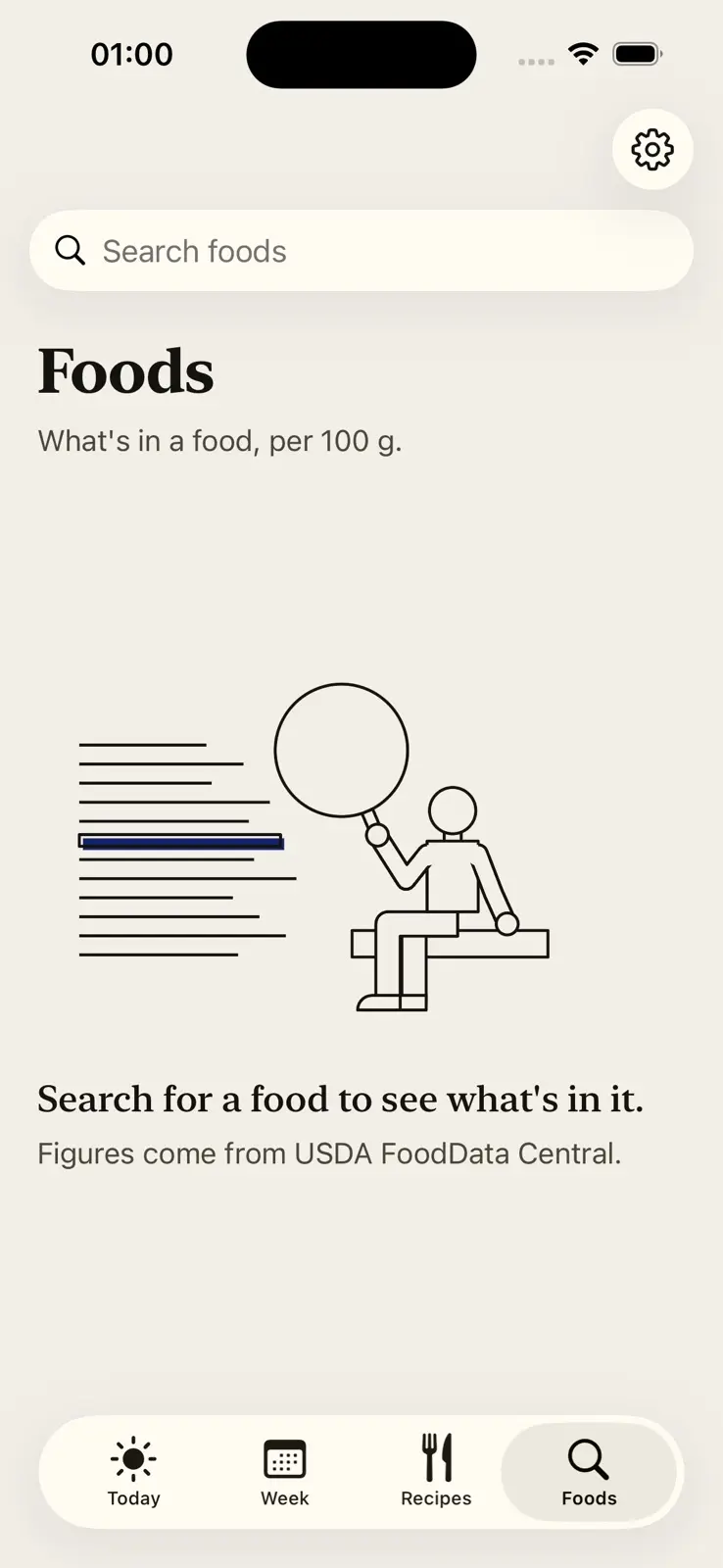 Foods, with a search field at the top and a line reading what's in a food, per 100 g. Below it a line drawing of a person seated on a bench, holding a magnifying glass up to rows of text, one row highlighted in blue. Under the drawing, search for a food to see what's in it, and a note that the figures come from USDA FoodData Central.