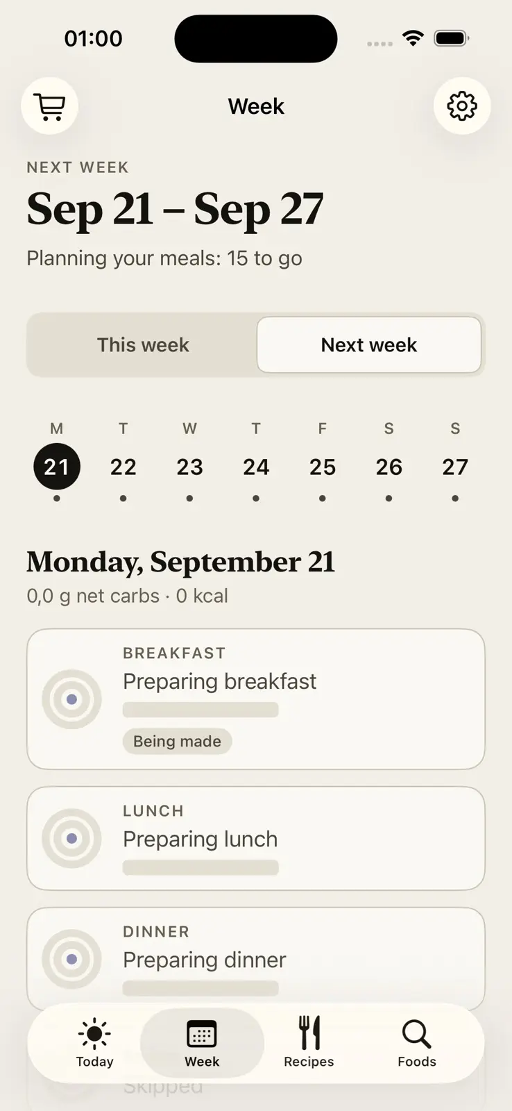 Next week, September 21 to 27, part way through being planned. A line under the dates reads planning your meals, 15 to go. Monday's breakfast, lunch and dinner are placeholder cards reading preparing breakfast, preparing lunch and preparing dinner, and the first is tagged being made.