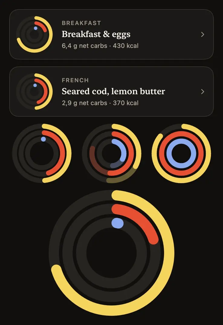 The same specimen in the dark theme: the two meal cards, the three ring states and the large ring on a near-black ground, with empty tracks in a dark grey and the blue lifted to a lighter shade.