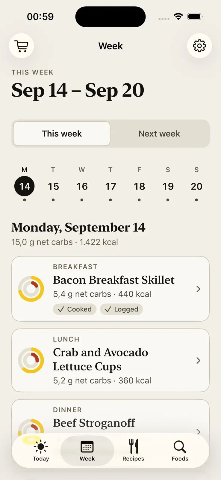The week view for September 14 to 20, with This week chosen over Next week, and a strip of seven days with Monday the 14th selected. Monday totals 15 grams of net carbs and 1,422 kilocalories, and its meals follow, the bacon breakfast skillet tagged cooked and logged.