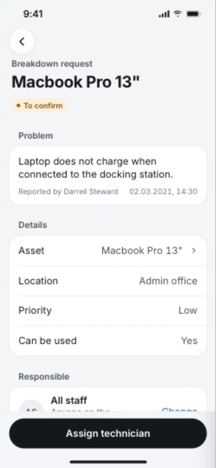 The Macbook Pro 13 inch request showing the problem, priority and an Assign technician button.