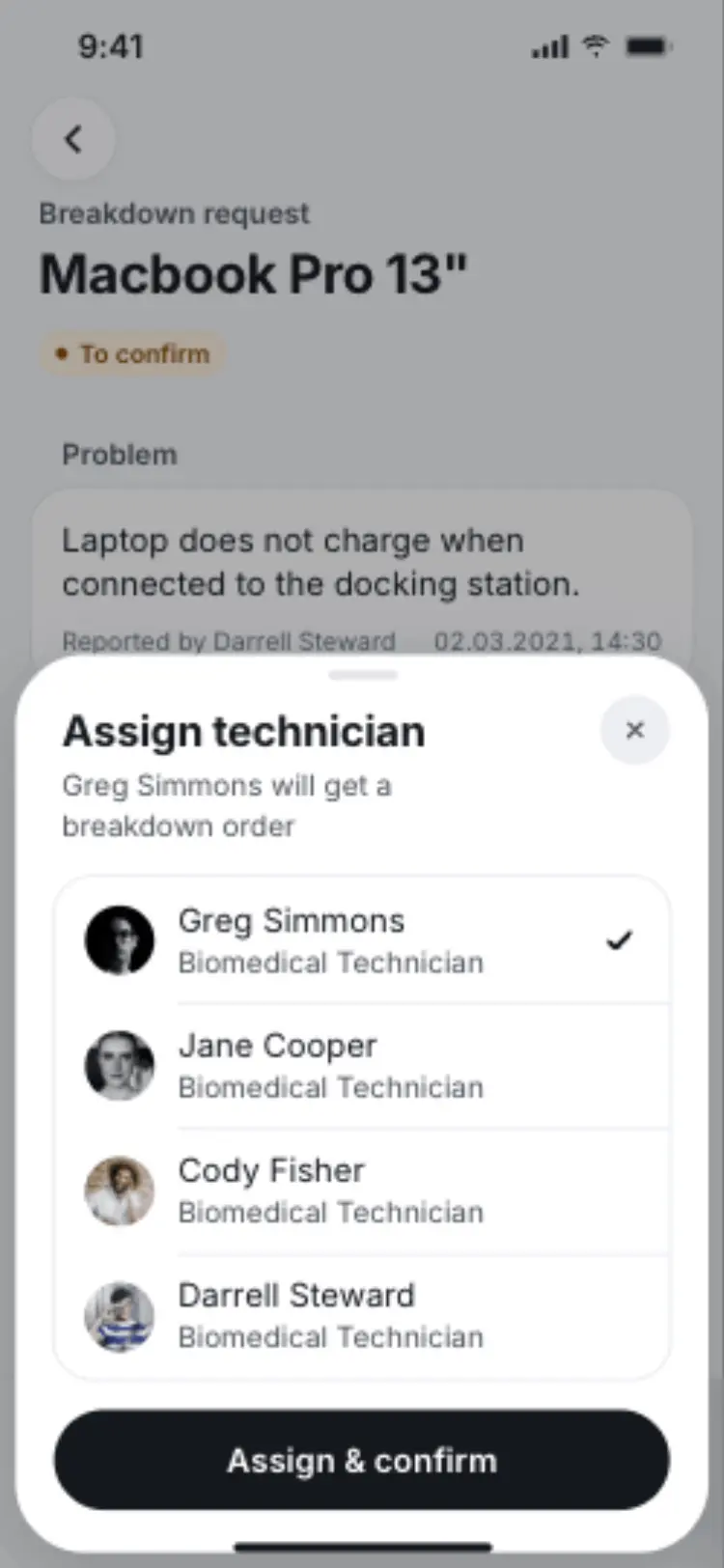 An assign sheet listing four technicians, with Greg Simmons picked.