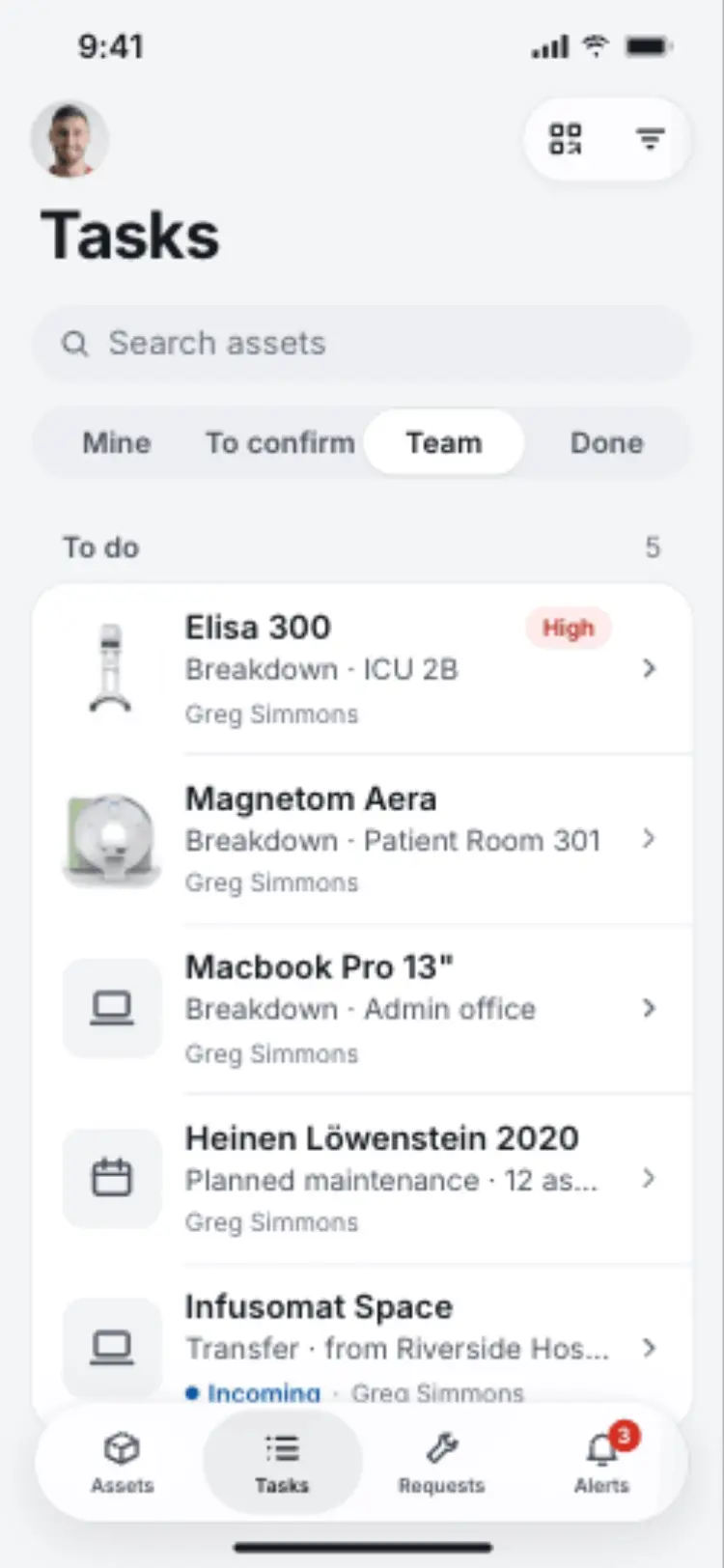 The Team segment listing five open tasks, each with its assigned technician.