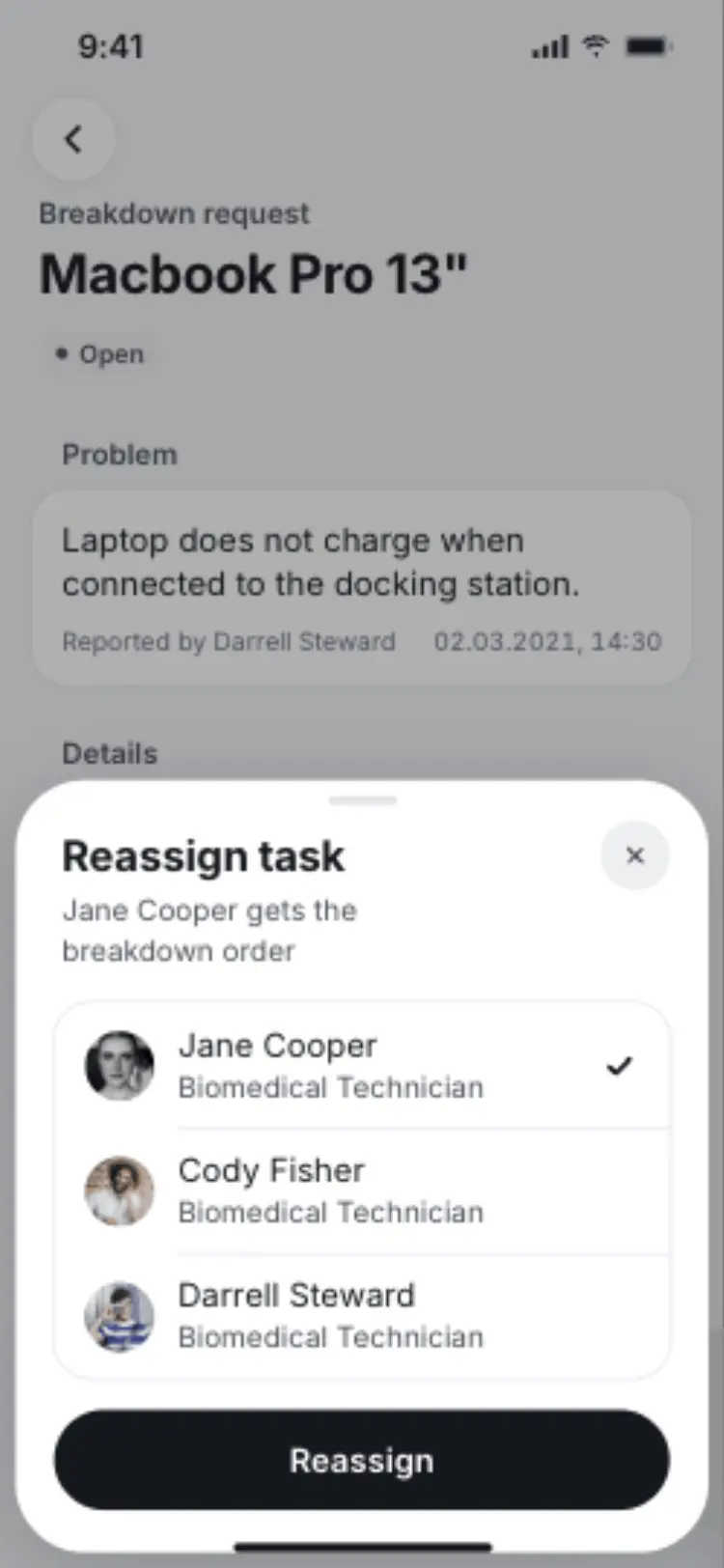 A reassign sheet for the Macbook Pro 13 inch, moving it from Greg Simmons to Jane Cooper.