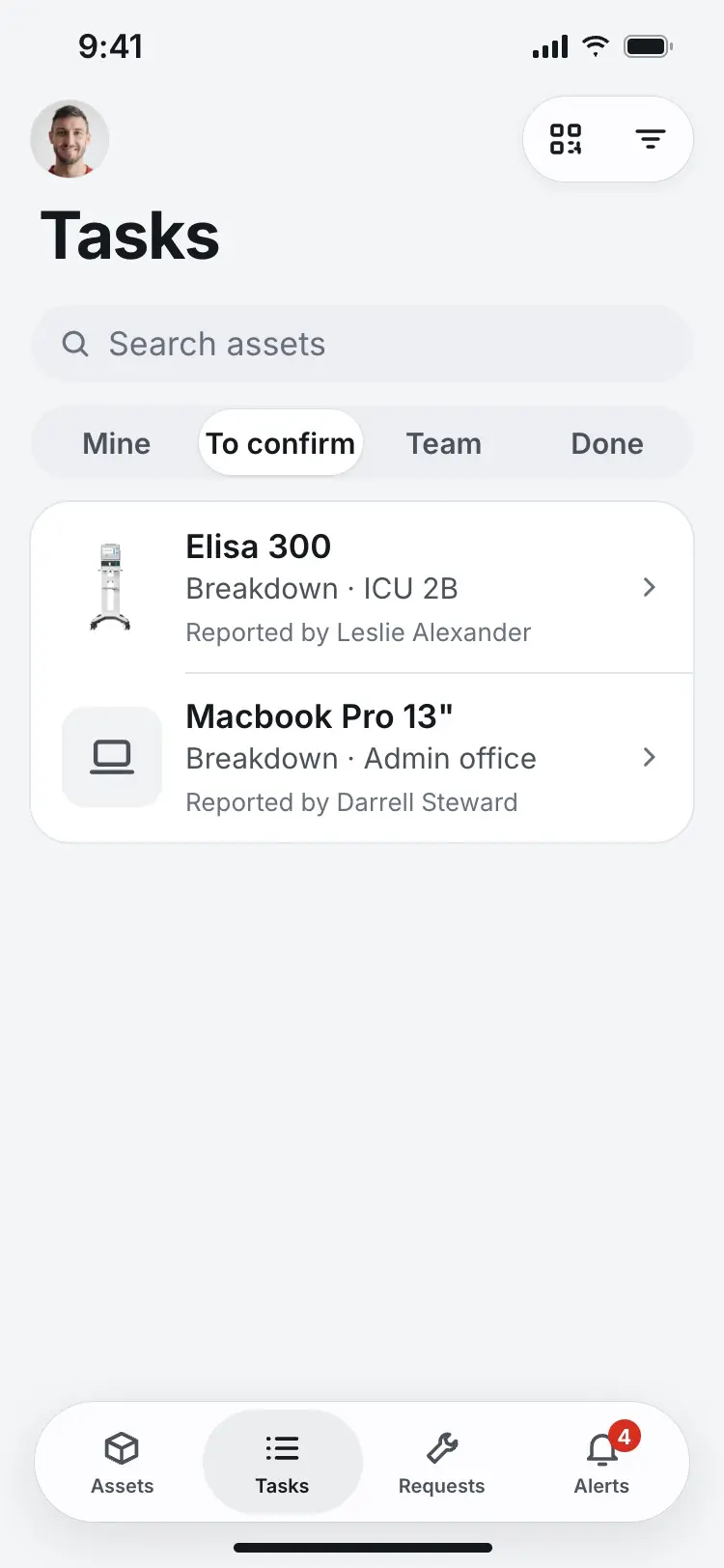 The manager's To confirm segment showing Leslie Alexander's Elisa 300 request next to a Macbook Pro 13 inch.