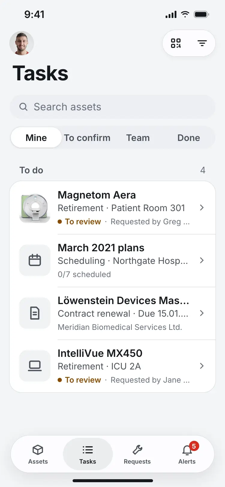 The manager's Mine segment with the Magnetom Aera on top, marked To review and requested by Greg Simmons.