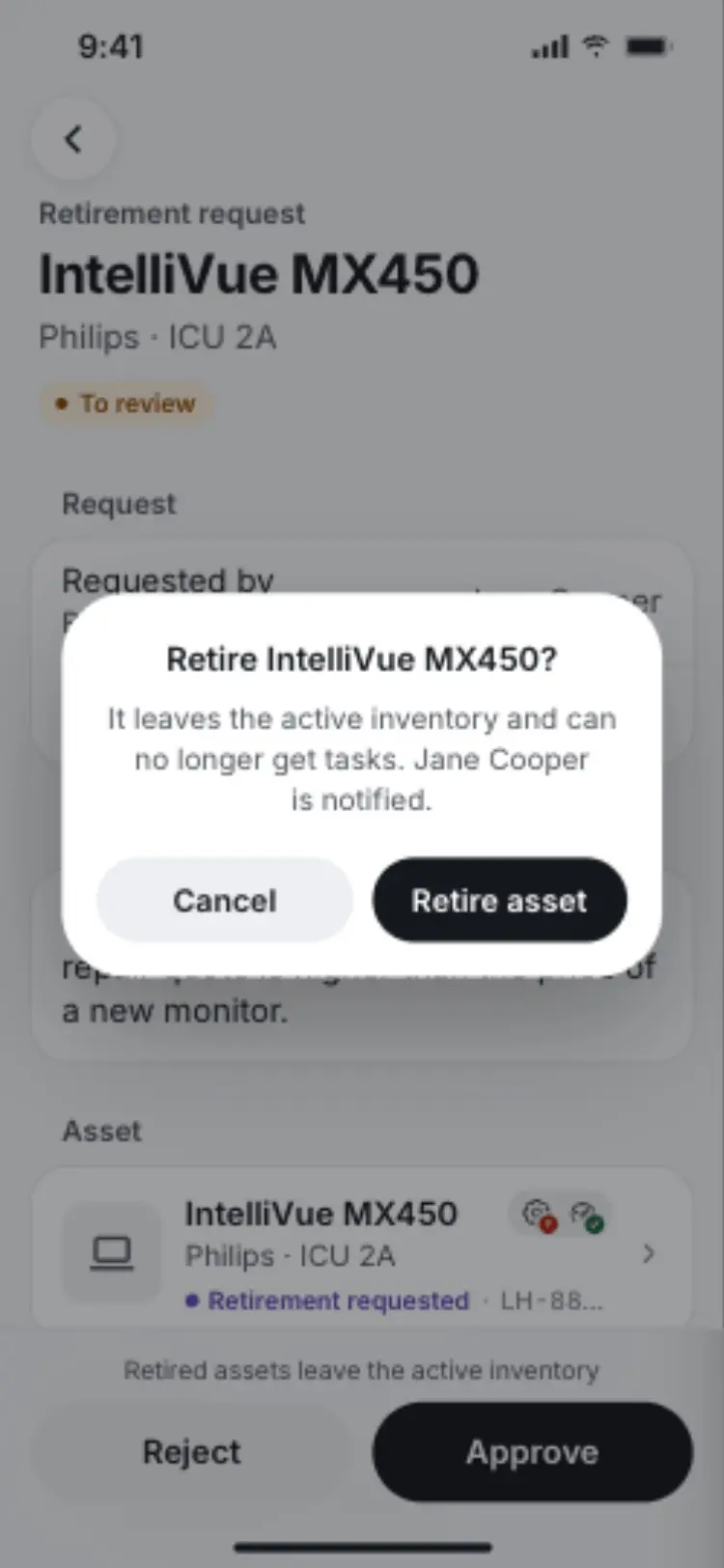 A confirmation alert asking "Retire IntelliVue MX450?" with Cancel and Retire asset.