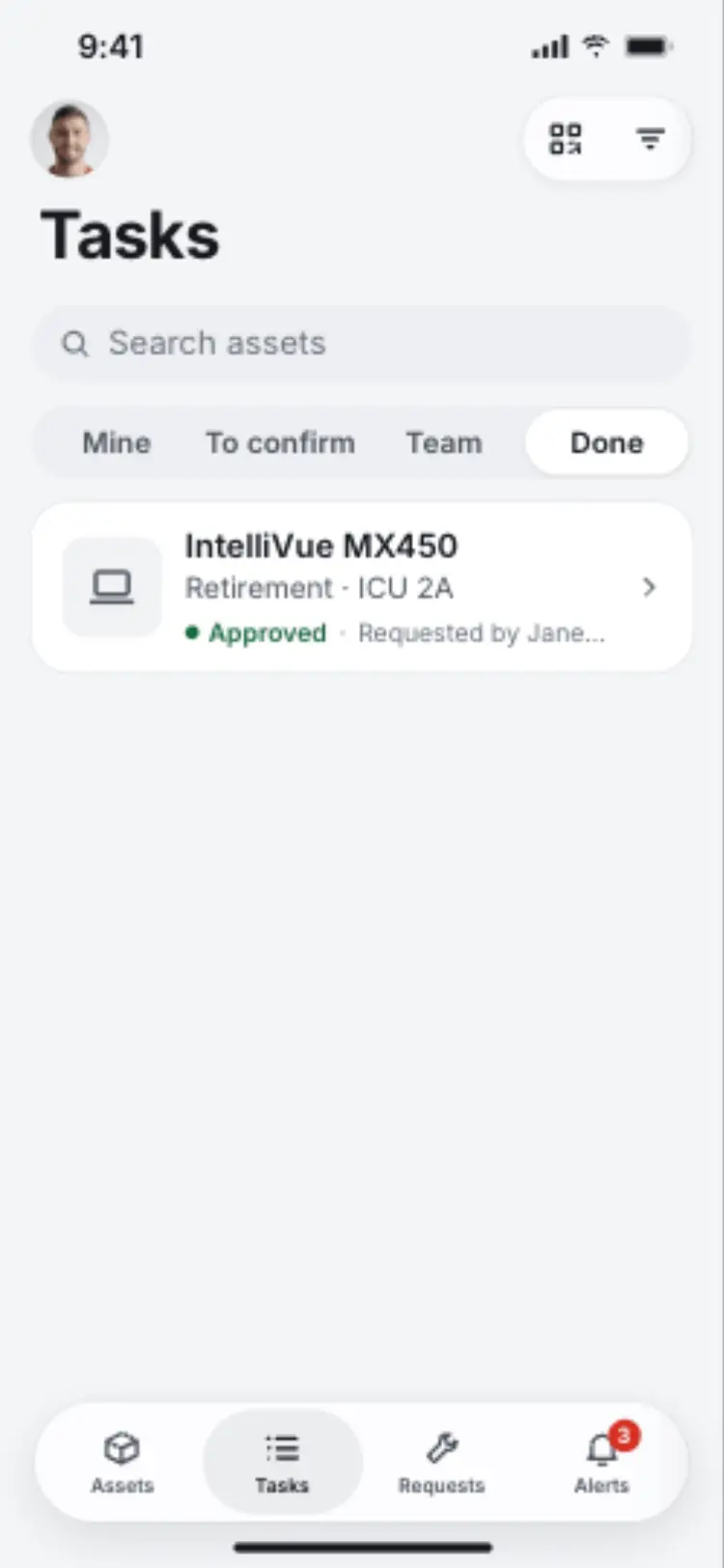 The Done segment showing IntelliVue MX450 marked Approved.