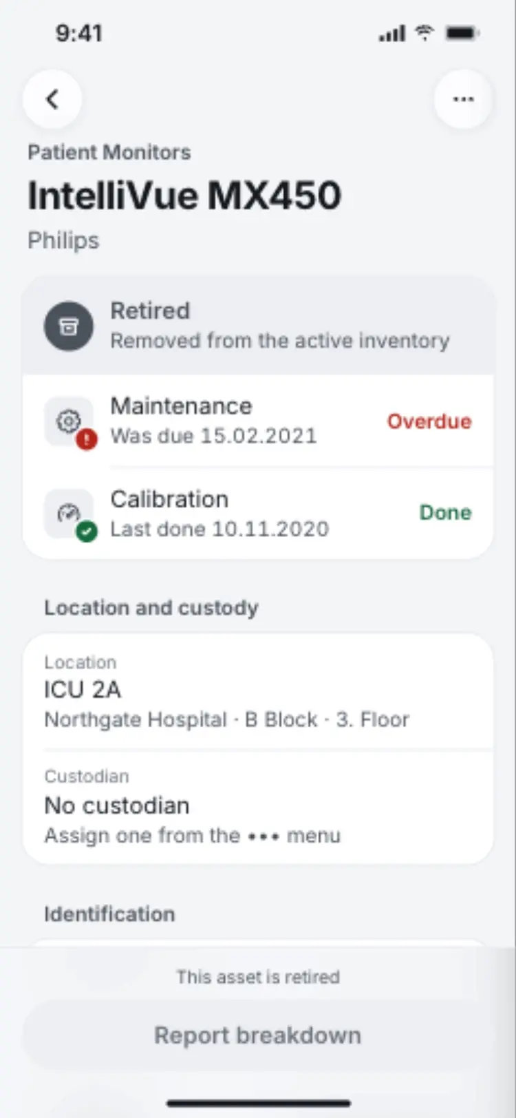 The IntelliVue MX450 asset screen showing condition Retired and Report breakdown disabled.