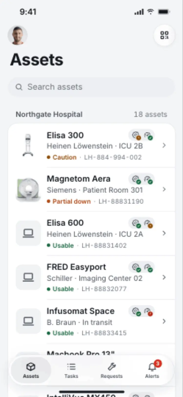 The Assets list for Northgate Hospital, each row showing a condition dot and maintenance and calibration icons.