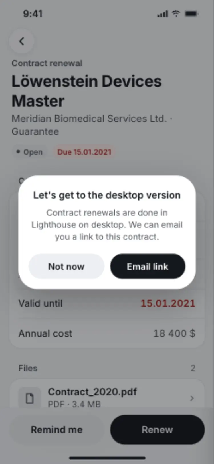 An alert reading "Let's get to the desktop version," explaining that contract renewals happen in Lighthouse on desktop, with Not now and Email link.