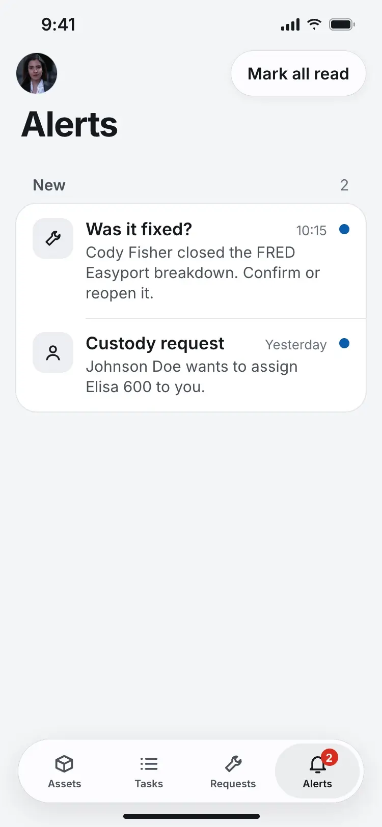 The nurse's Alerts screen showing a prompt to review a closed repair and a pending custody request.
