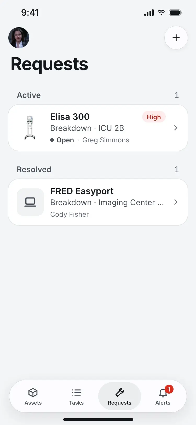 The Requests list with the FRED Easyport moved to a Resolved section.