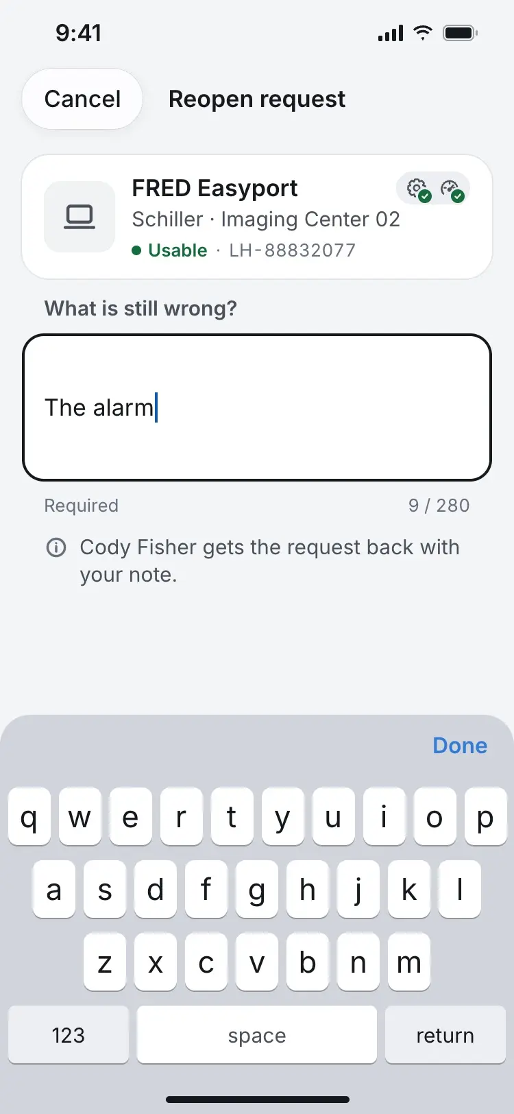 A reopen form asking what's still wrong, with a note typed in.