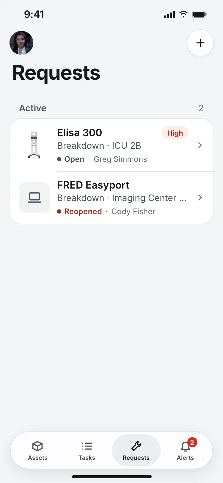 The Requests list showing the FRED Easyport back in the active list, marked Reopened in red.