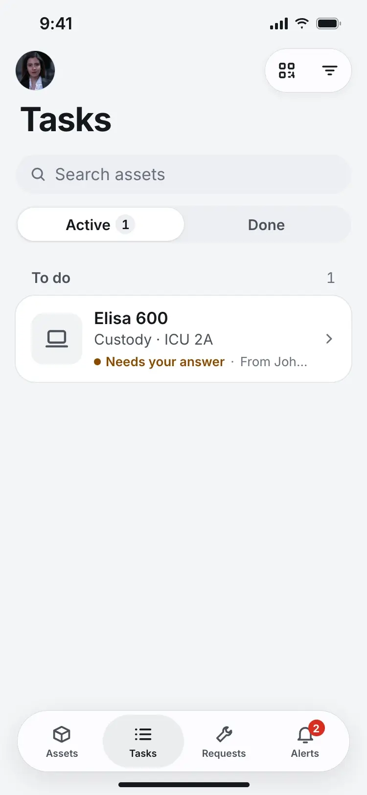The nurse's Tasks screen with one item, a custody request for the Elisa 600 needing her answer.