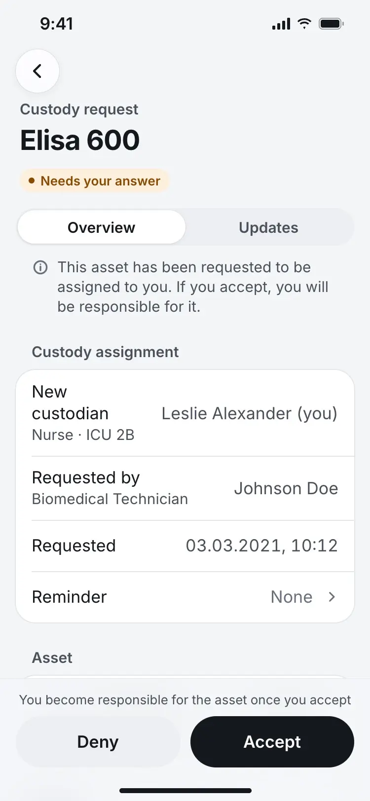 The custody request screen explaining that accepting makes the nurse responsible for the Elisa 600.