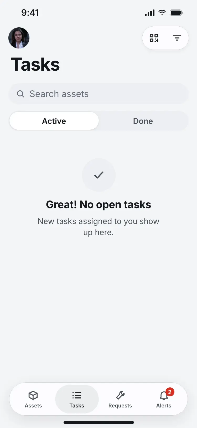 The nurse's Tasks screen showing an empty state, "Great! No open tasks."