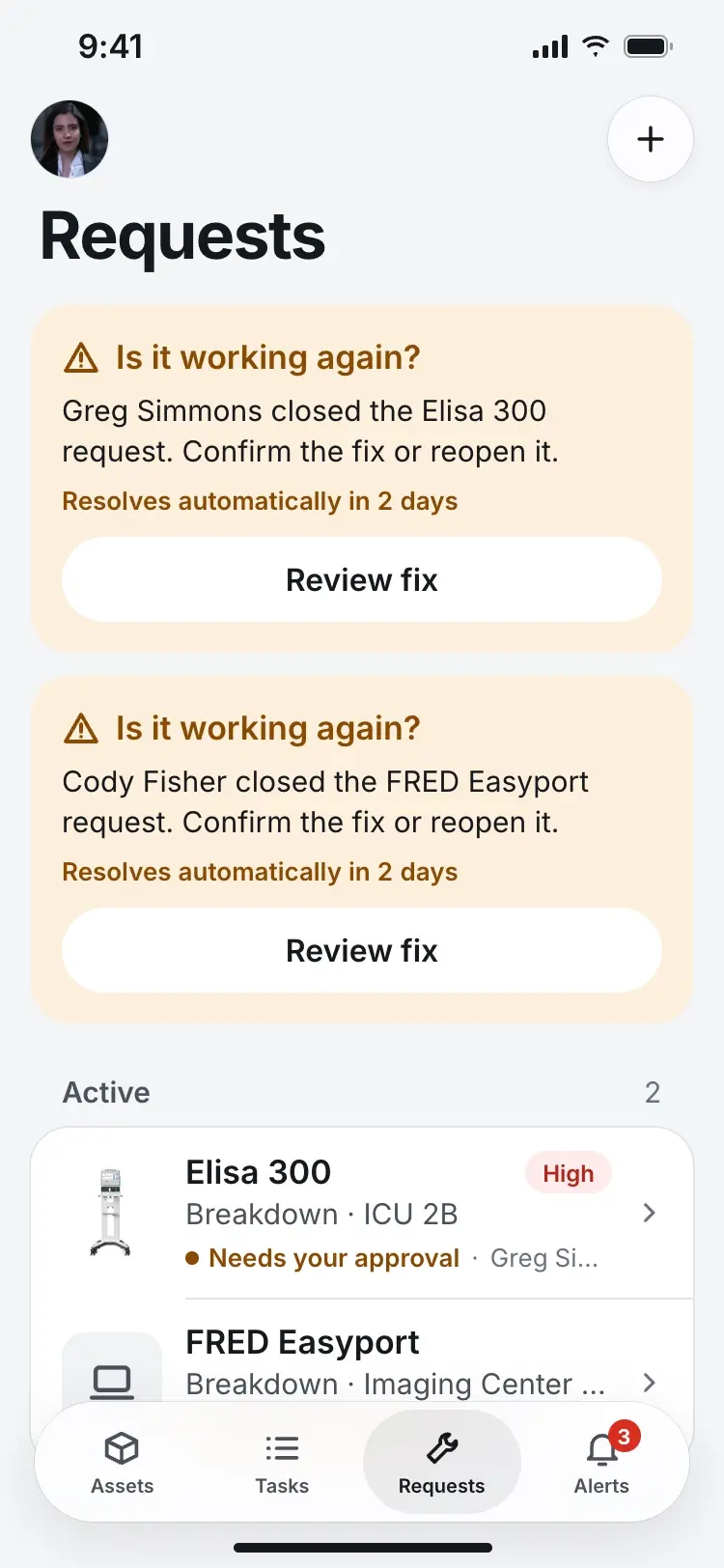 The nurse's Requests screen with a banner: Is it working again? Greg Simmons closed the Elisa 300 request.