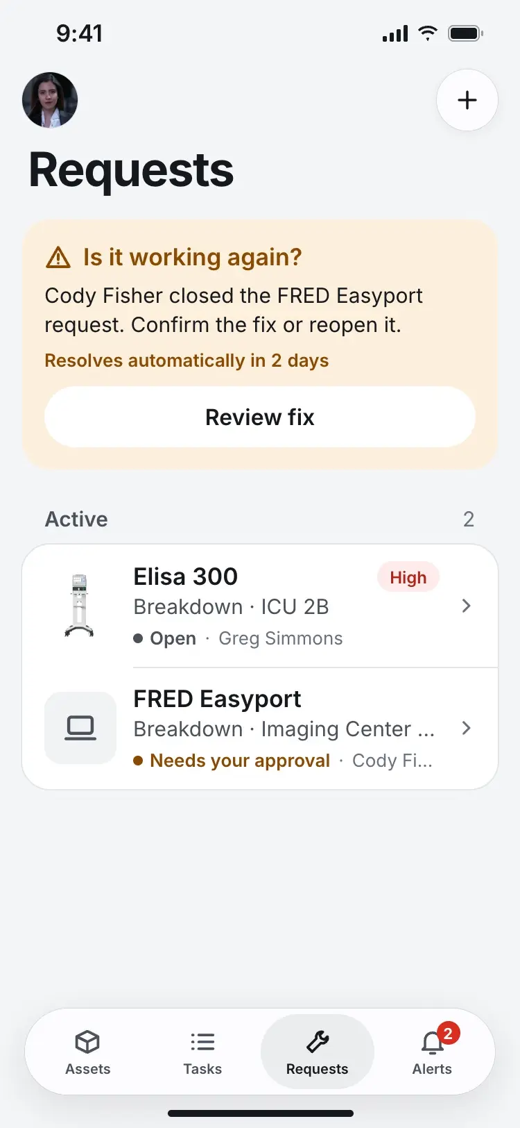 The nurse's Requests screen, with a banner asking them to confirm a closed repair above a list of active requests.