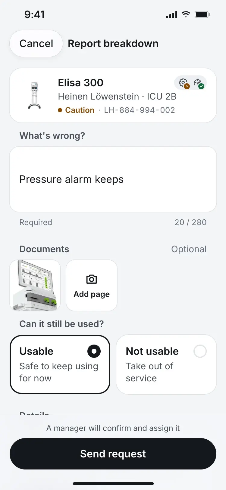 The completed report form with a document attached, "Usable" selected, and the send button enabled.