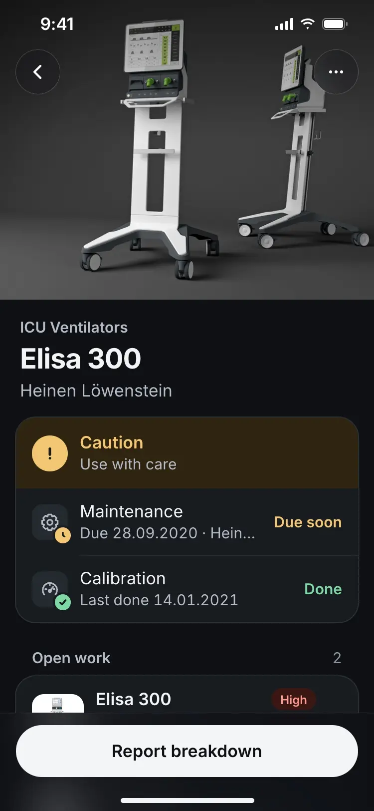 The Elisa 300 asset screen in dark mode, condition and maintenance rows still legible.
