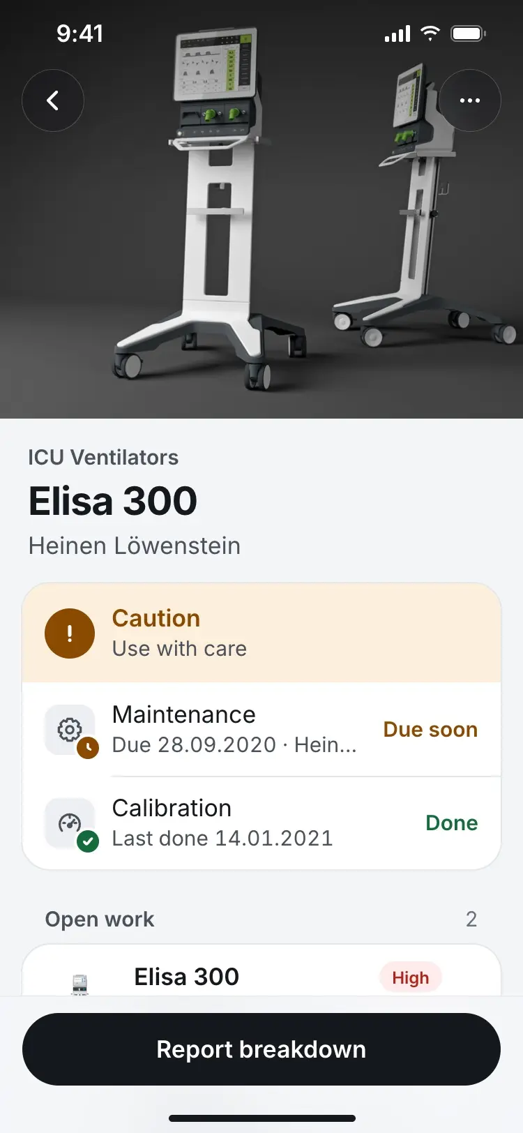 The Elisa 300 asset screen showing a Caution status, maintenance due soon, and calibration done.