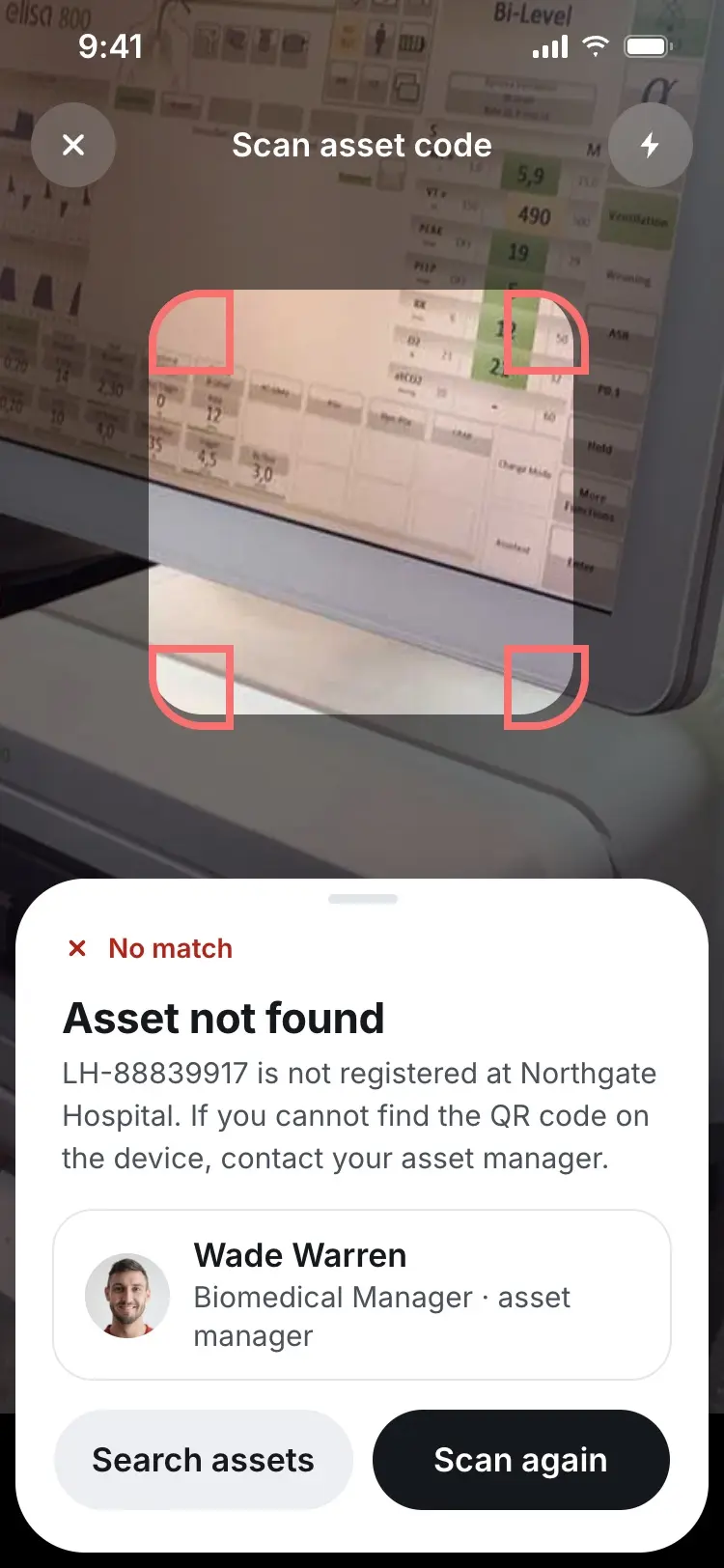 A red scan result reading "Asset not found" with contact details for the biomedical manager.