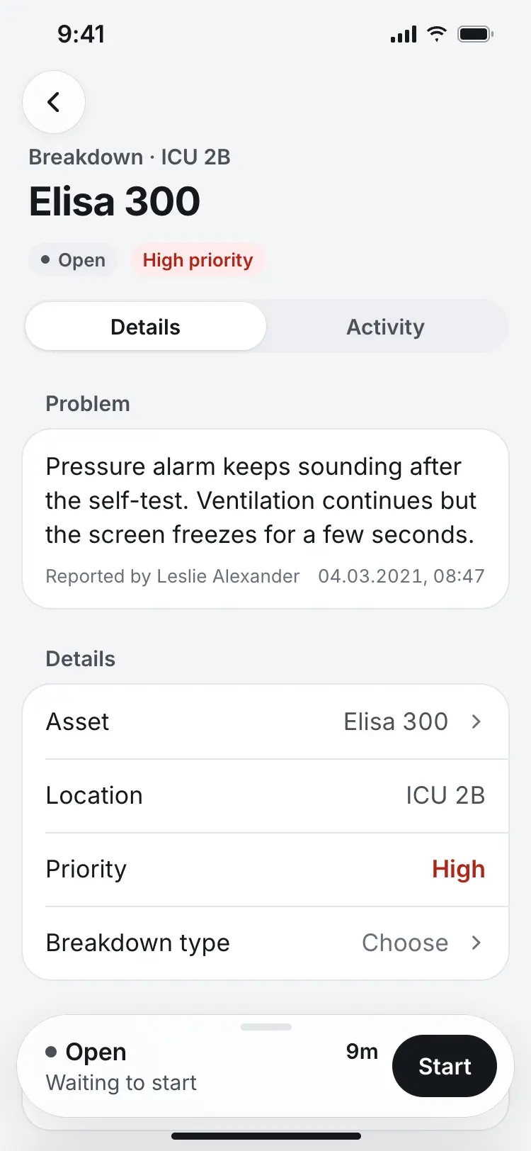 Elisa 300 order screen, status Open, bar showing "Waiting to start" with a Start button.