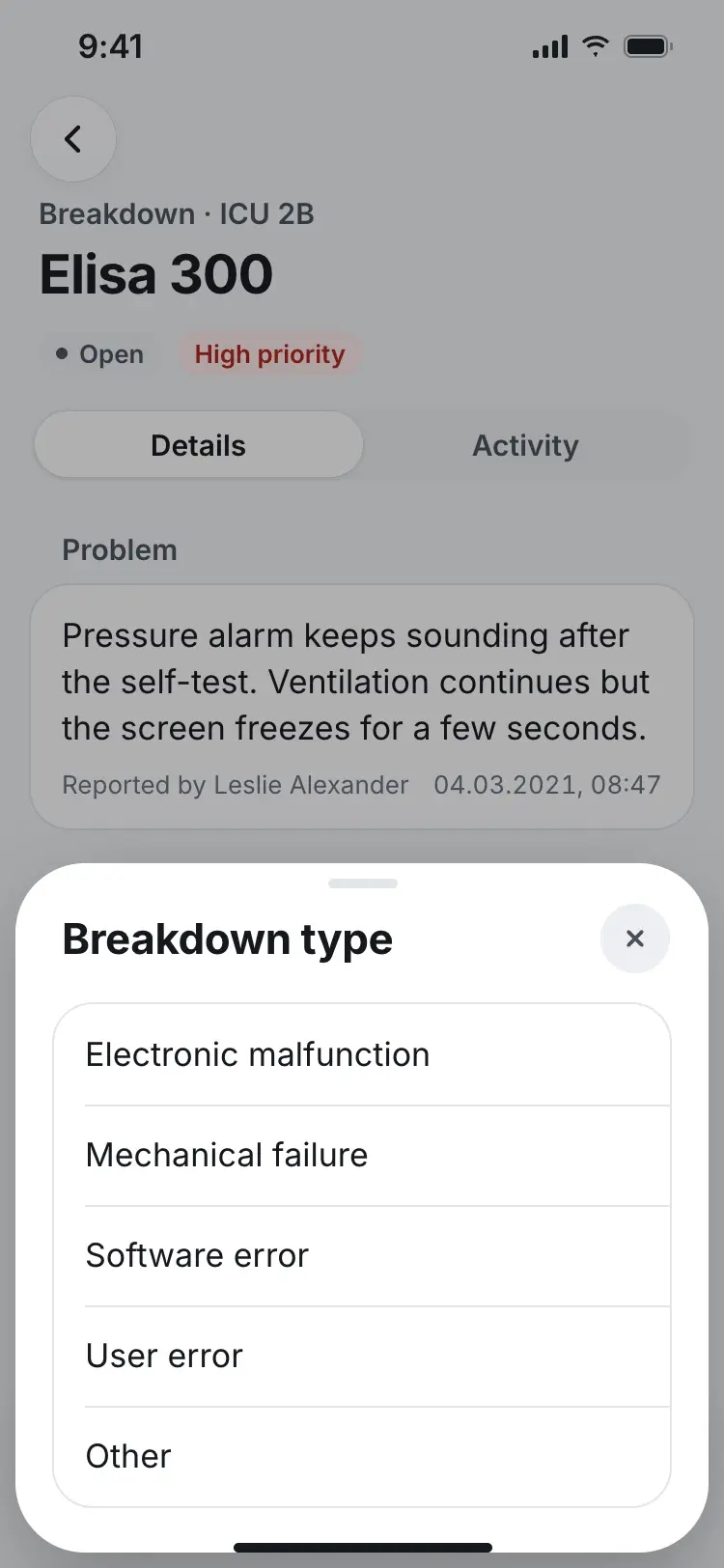 Breakdown type sheet listing five causes, from Electronic malfunction to Other.