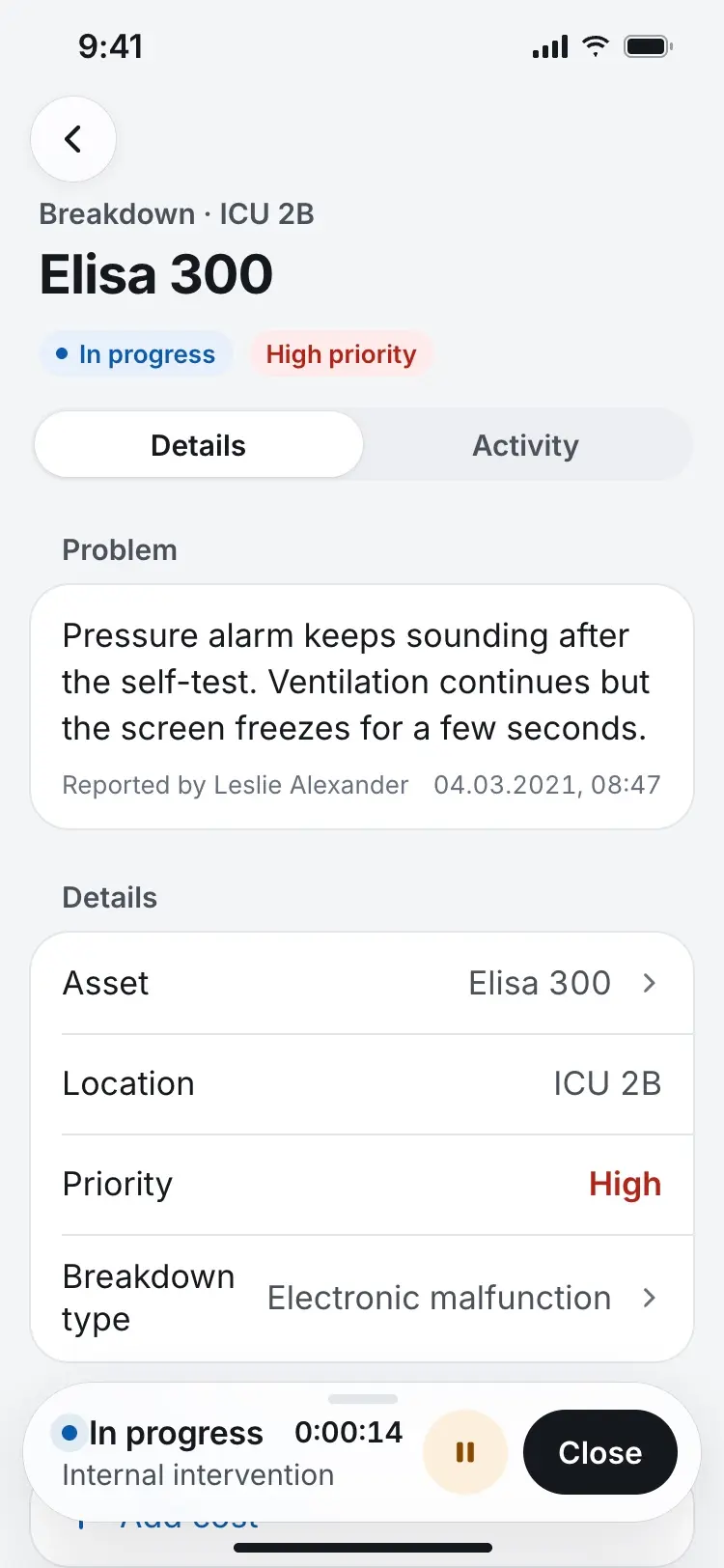 Order screen with the bar now reading In progress, Internal intervention, with a live timer.