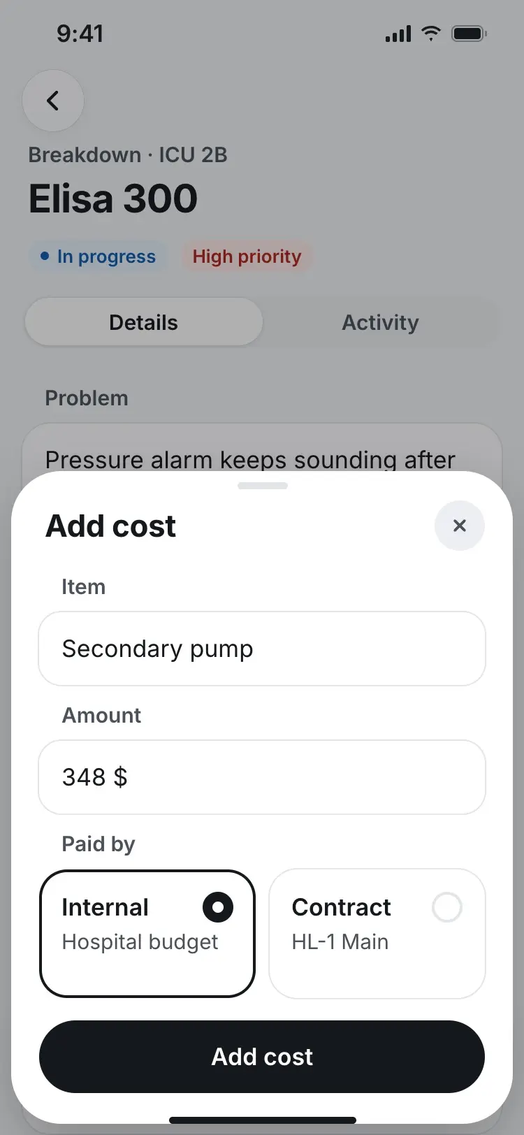 Add cost sheet for a secondary pump, 348 dollars, paid by Internal.
