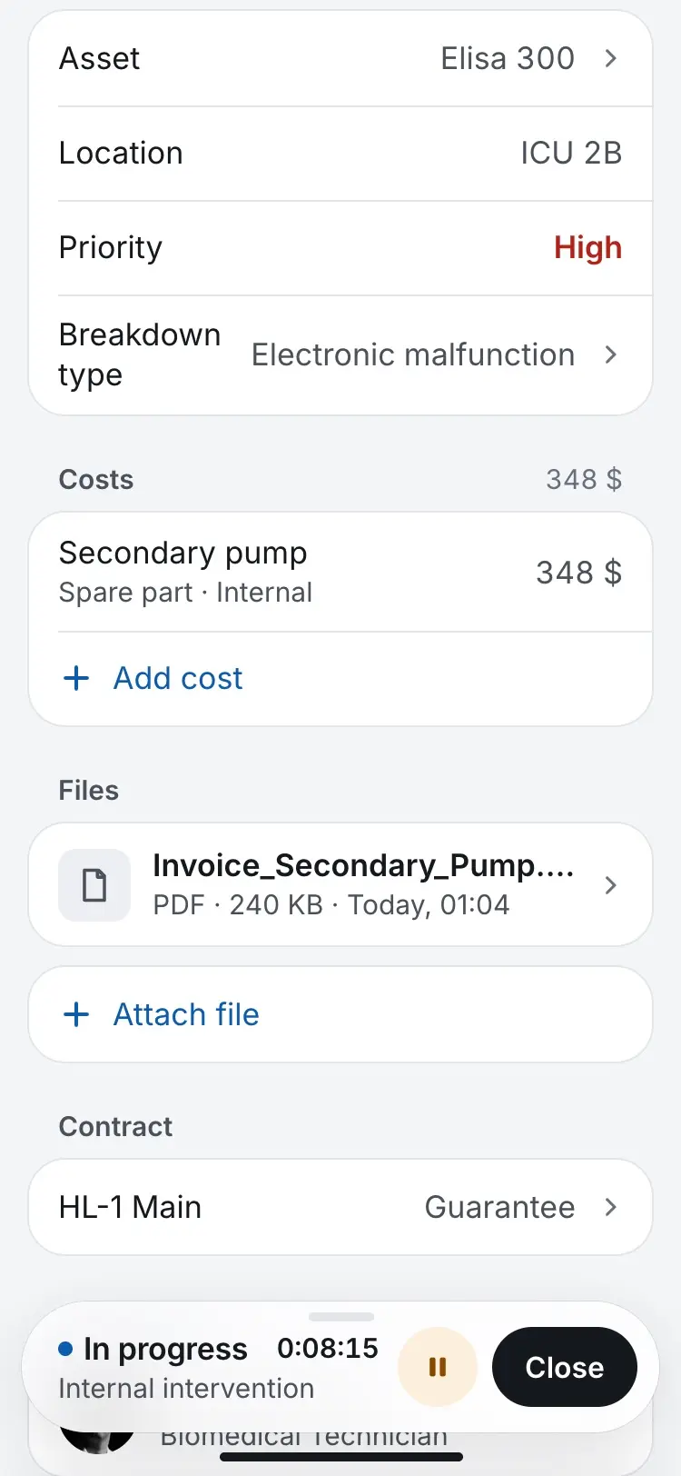 Order screen showing the logged cost and an attached invoice PDF.