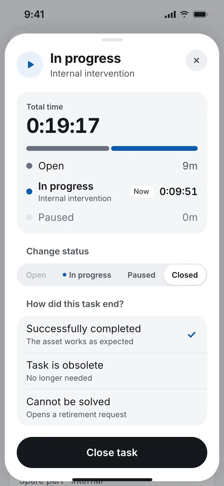 Expanded status bar showing total time split across Open, In progress and Paused, with Closed selected and "Successfully completed" checked.
