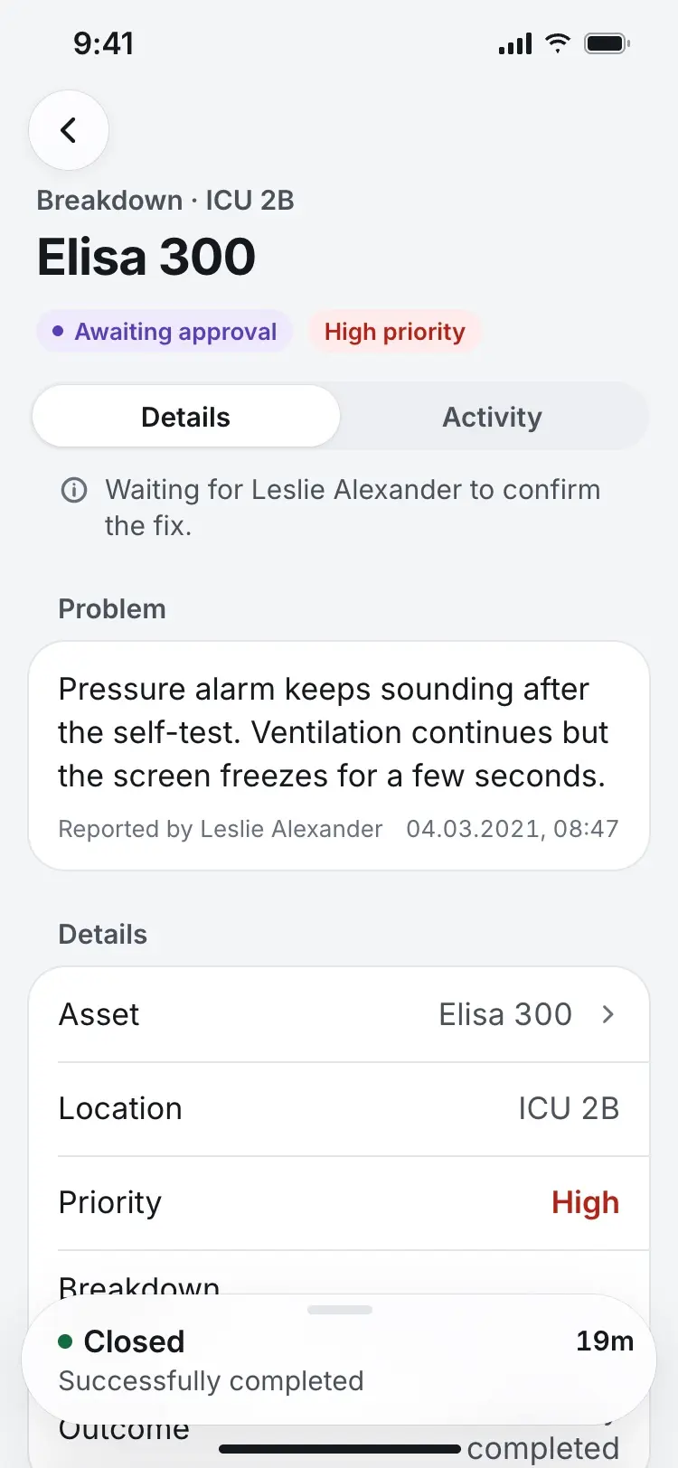 The Elisa 300 order with status Awaiting approval and a note that Leslie Alexander needs to confirm the fix.