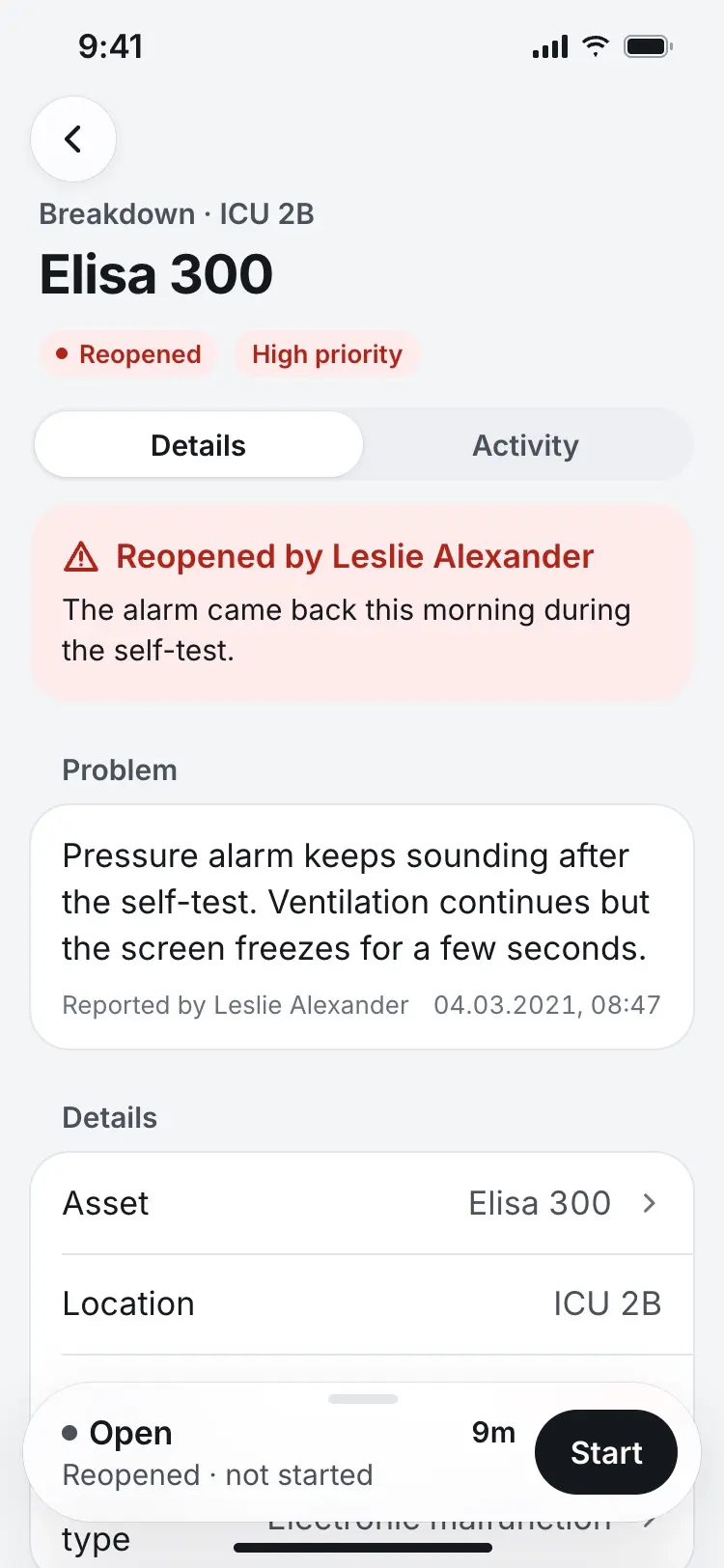 The Elisa 300 order with a red banner, Reopened by Leslie Alexander, and her note about the alarm.