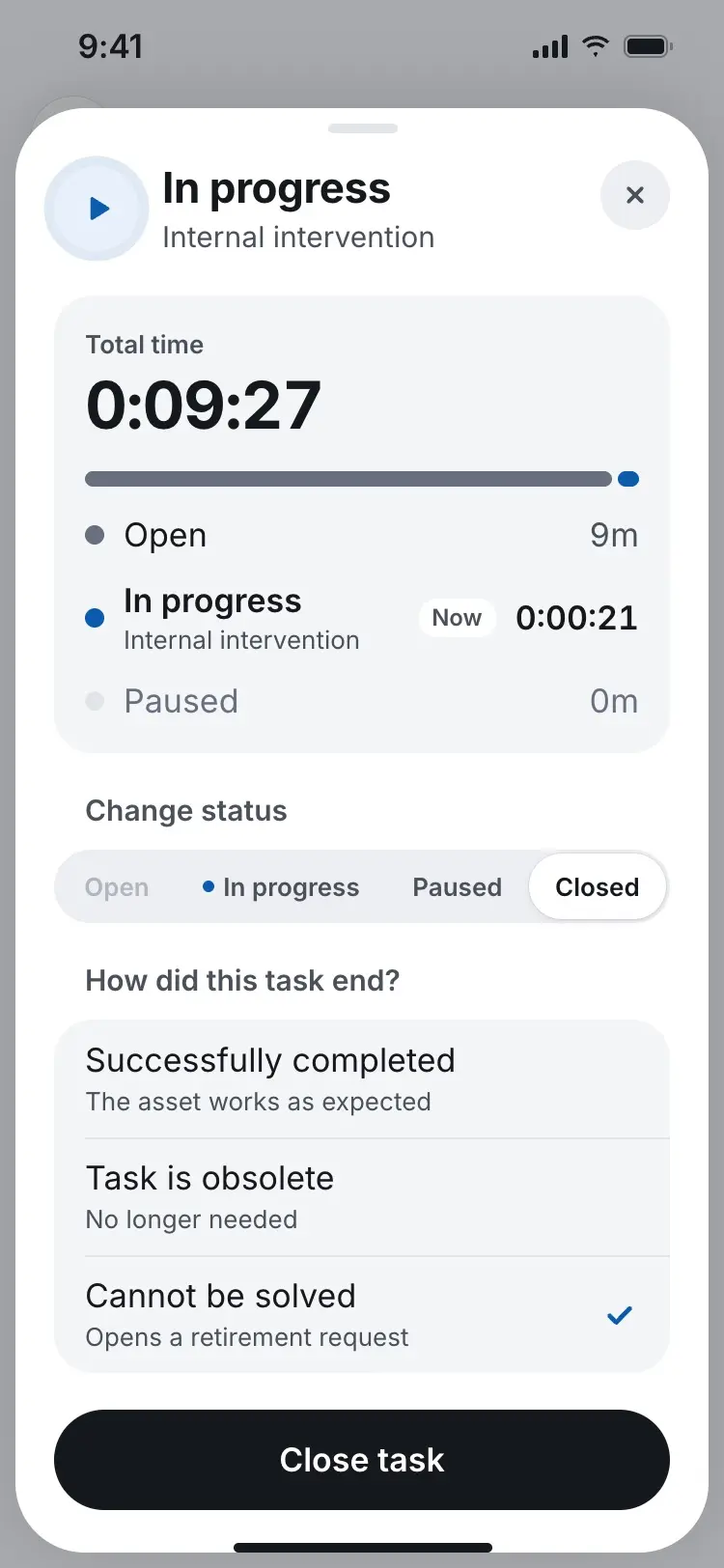 Close reasons in the order's status bar, with Cannot be solved, opens a retirement request, ticked.