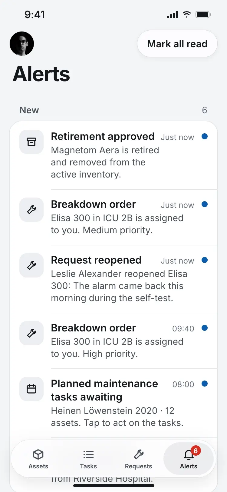 The technician's Alerts with a new item: Retirement approved, Magnetom Aera is retired and removed from the active inventory.