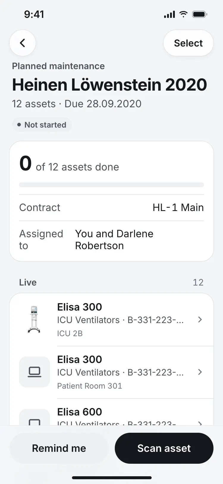 Heinen Löwenstein 2020 maintenance plan, 0 of 12 assets done, with a live list of covered assets.