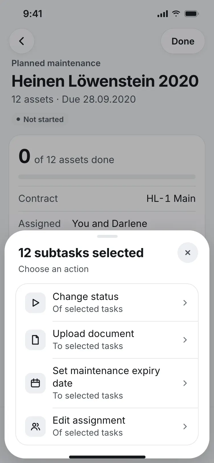 Bulk actions sheet: Change status, Upload document, Set maintenance expiry date, Edit assignment.