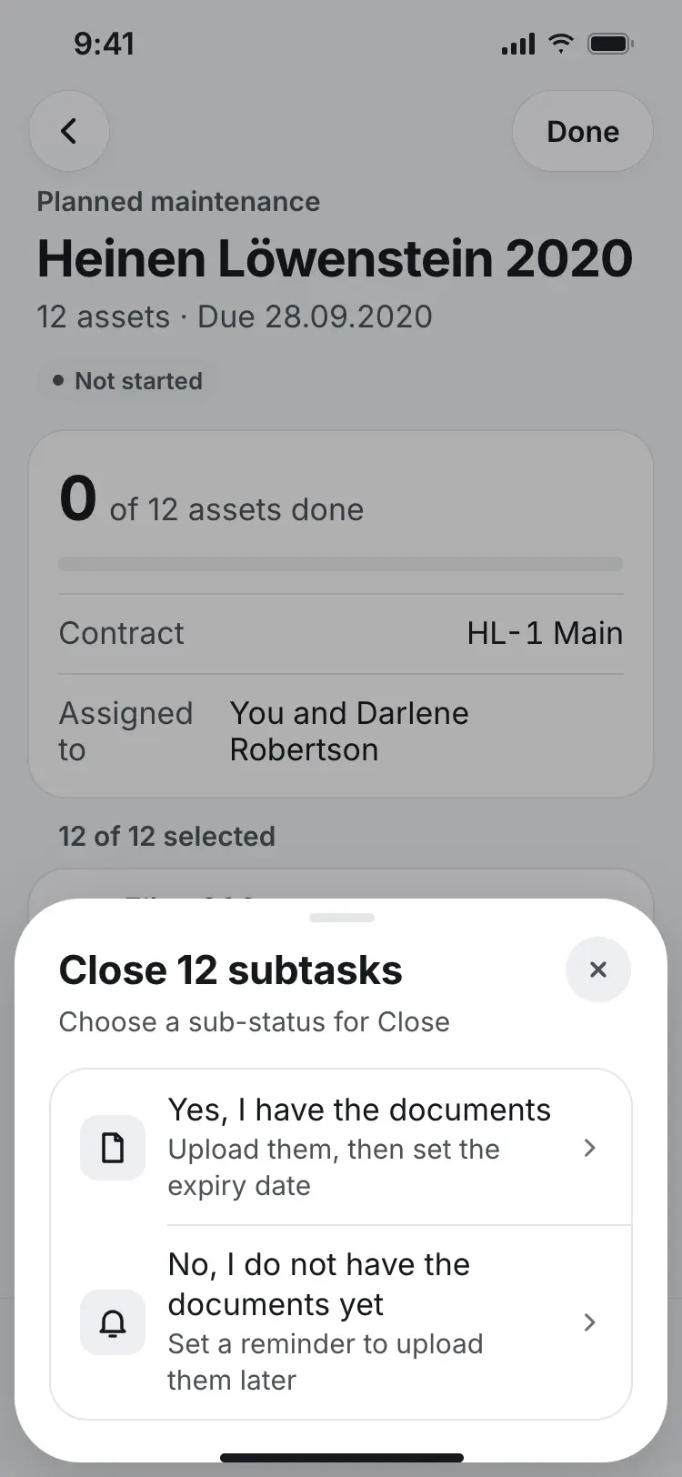 Close 12 subtasks sheet asking whether the technician has the documents yet.