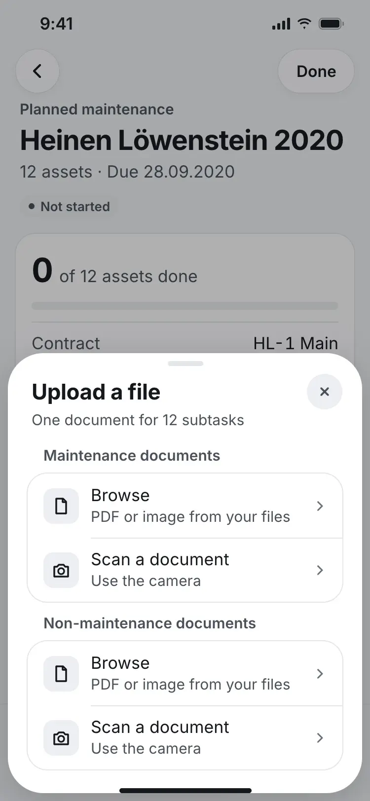 Upload sheet offering one document for all 12 subtasks, split into maintenance and non-maintenance documents.