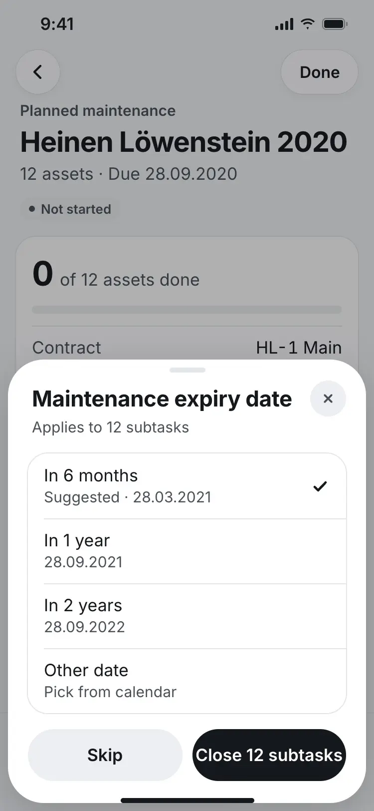 Maintenance expiry date sheet with "In 6 months" suggested and selected.