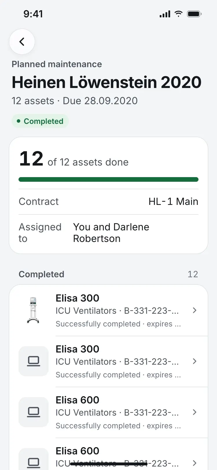 Plan screen showing Completed, 12 of 12, with every asset listed under Completed with its new expiry date.